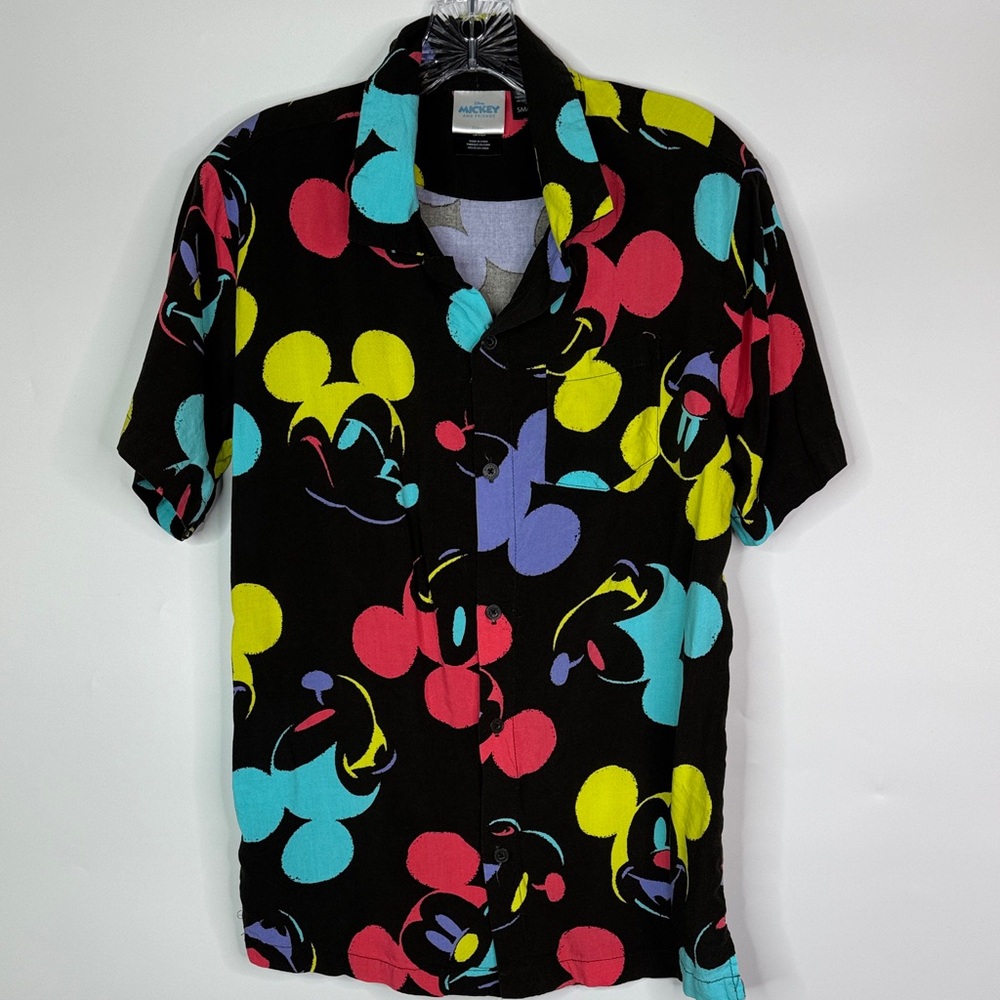 Mickey Mouse Heads Color Graphic Short Sleeve Rayon Button Up Shirt Size Small